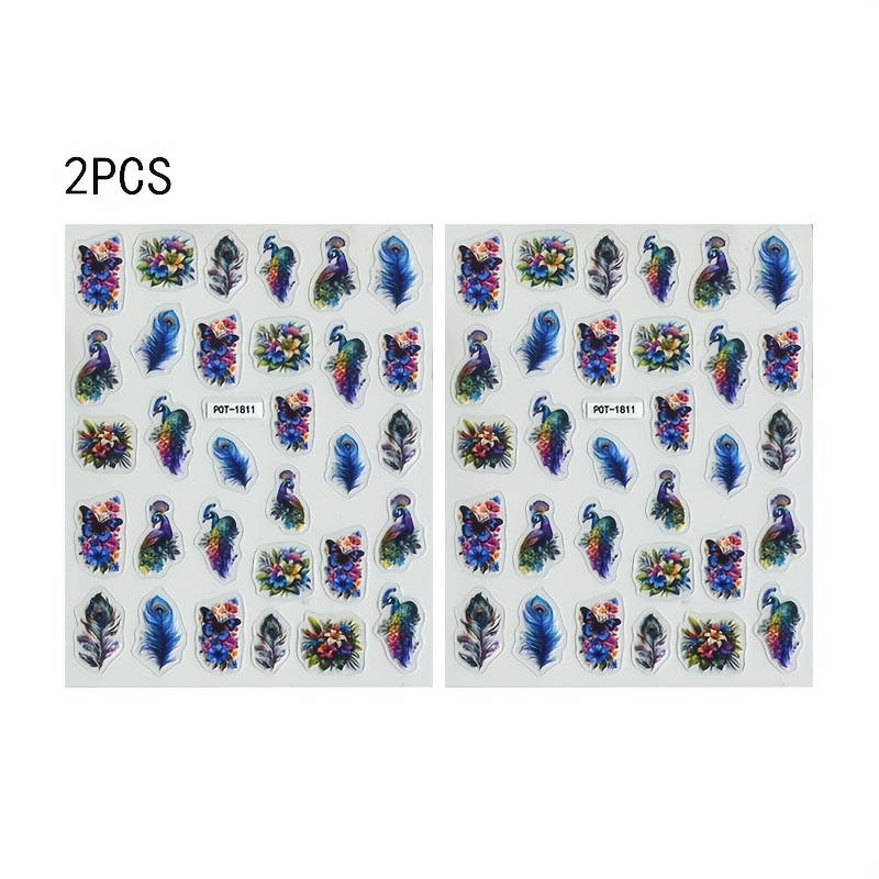 Image of 2pcs Beautiful Nail Art Stickers, Colorful Peacock, Flower Nail Decoration Decals, Nail Sliders, 5d Embossed Diy Self-adhesive Nail Art Supplies, Shiny Surface, Irregular Shapes, Suitable For Women