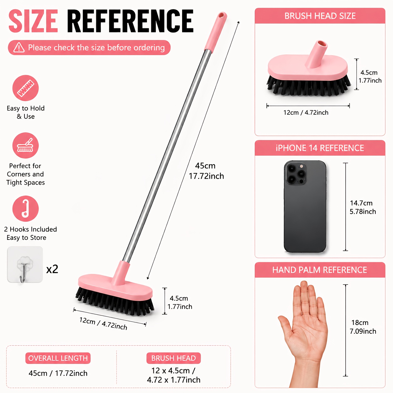 TEMU Long-handled Hard Bristle Floor Brush With 2 Hooks, Cleaning Brush For Bathroom And Kitchen, Toilet Brush. It Features Durable Dense Flexible Pp