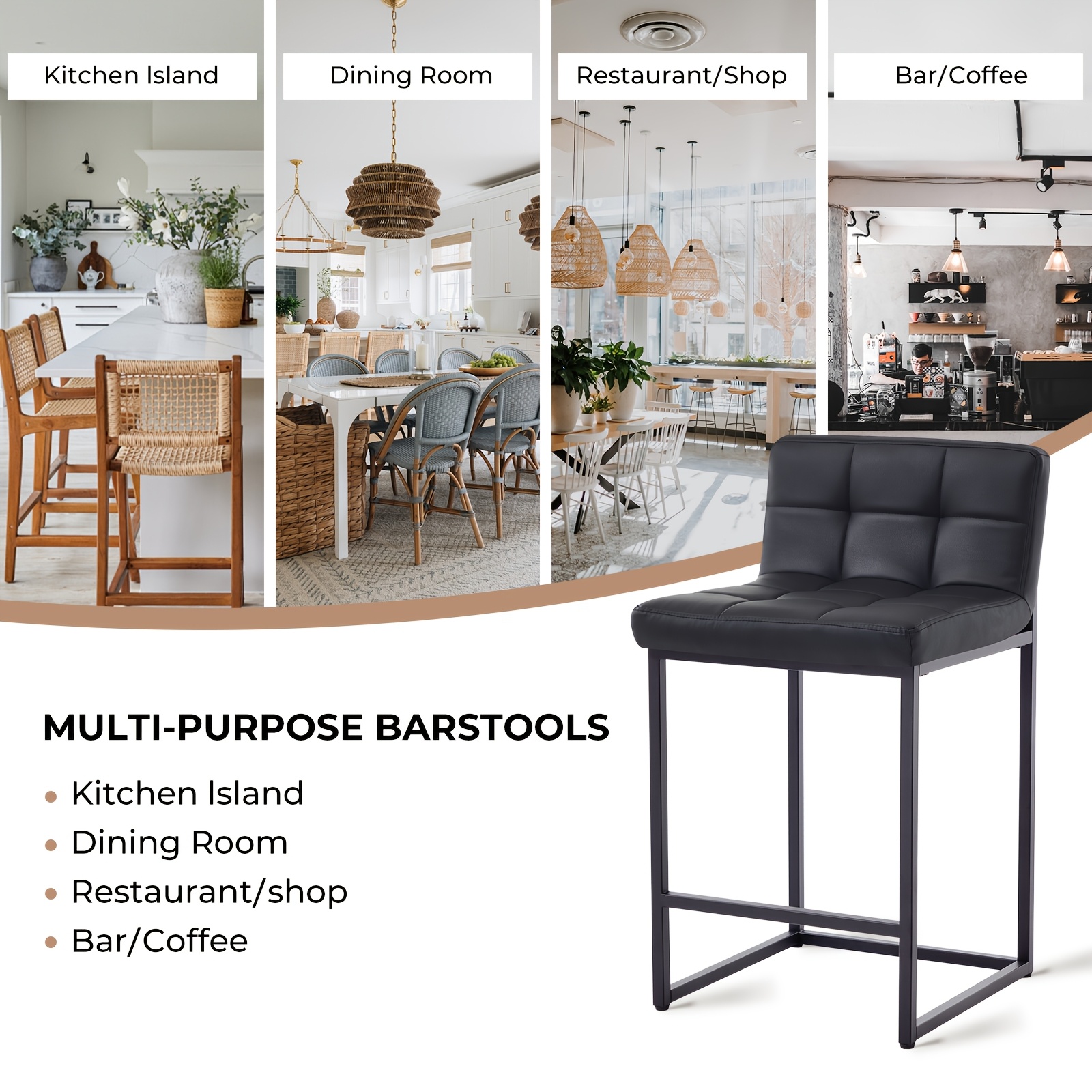 DMKAI Set Of 2 Modern Counter Height Bar Stools - Black Faux Leather Upholstered, Diamond-Tufted Seat, Sturdy Black Metal Cantilever Base with Footrest | Minimalist Bar Stools for Kitchen Island