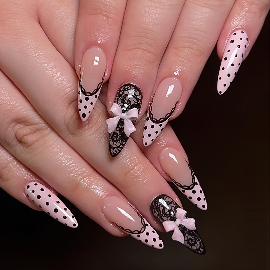 TEMU 24pcs Black Lace French Press-on False Nails With Glue Patches, Glossy Artificial Nails, Reusable False Nails, Suitable For Women' Wear Nail Kit