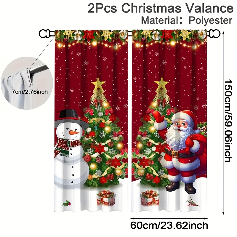 TEMU 2 rideaux plats 2 pièces Noël 59x23 pouces design Père Noël de neige Sapin de Noël en polyester à empiècement pour tringle Décorations 2025