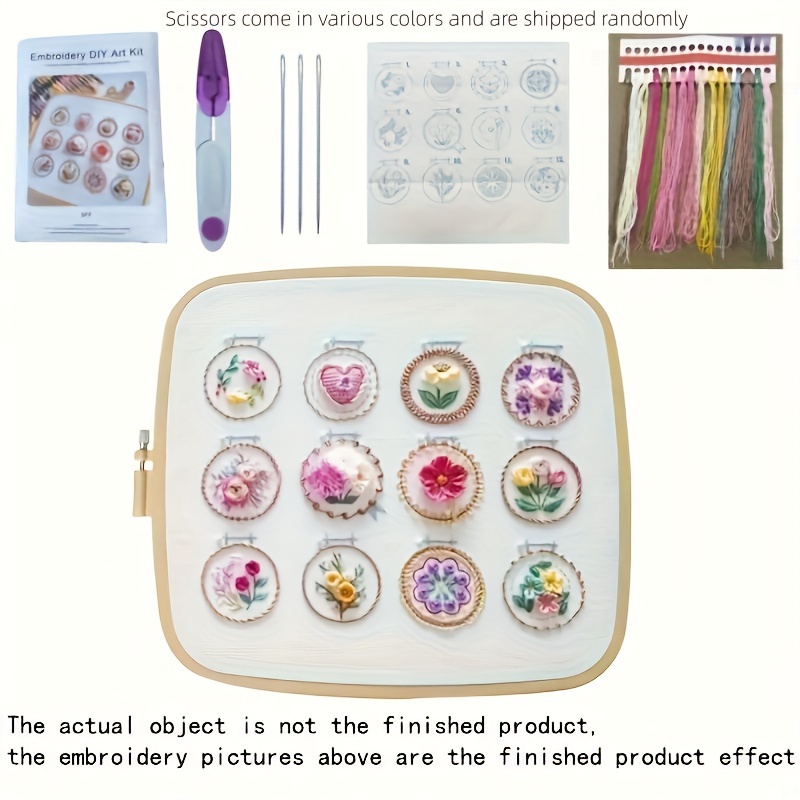 

A Set Of Embroidery Kit With 12 Patterns, Diy 3d Floral Set, Polyester Thread, Adult Beginner Embroidery Guide, Mixed Color For Season