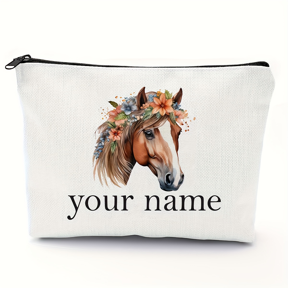 TEMU Customizable Horse-themed Makeup Bag With Floral - Personalized Gift For Women, Girls, And - Lightweight, Foldable Cosmetic Pouch For Travel Or