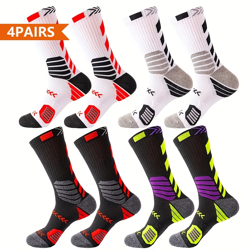 

4pcs Athletic Crew Socks For Basketball & Soccer - Non-slip, Breathable Polyester With Geometric Patterns, & Comfortable, Machine Washable - Ideal For Sports Enthusiasts, Basketball Accessories