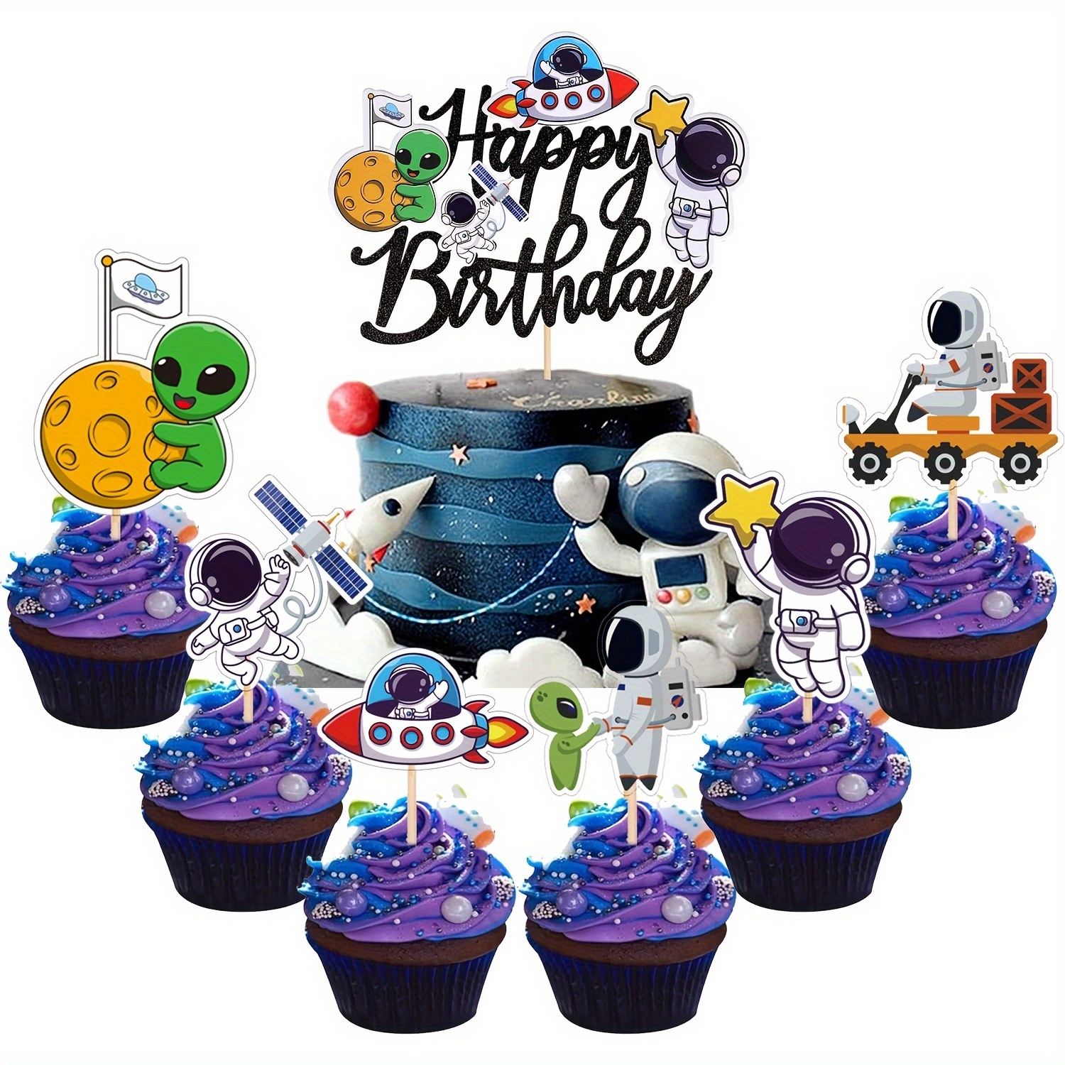 13pcs Outer Space Happy Birthday Cake Topper Glitter Aliens Cake Pick The Moon Cake Decorations For Outer Space Theme Birthday Party Supplies Golden