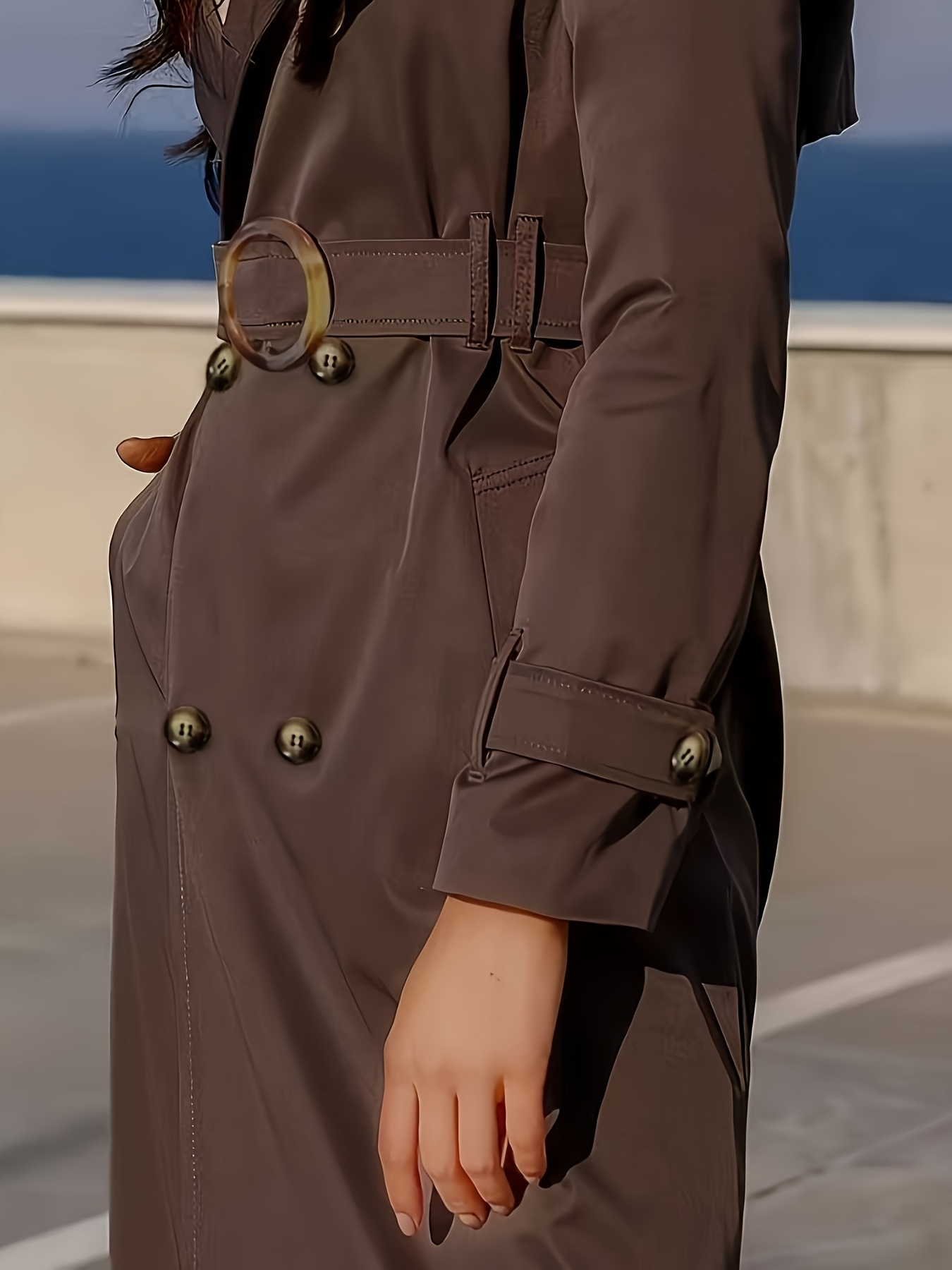 Elegant -Length Belted Double-Breasted Solid Color Trench Coat For Women'S Autumn Fashion - Women'S Clothing