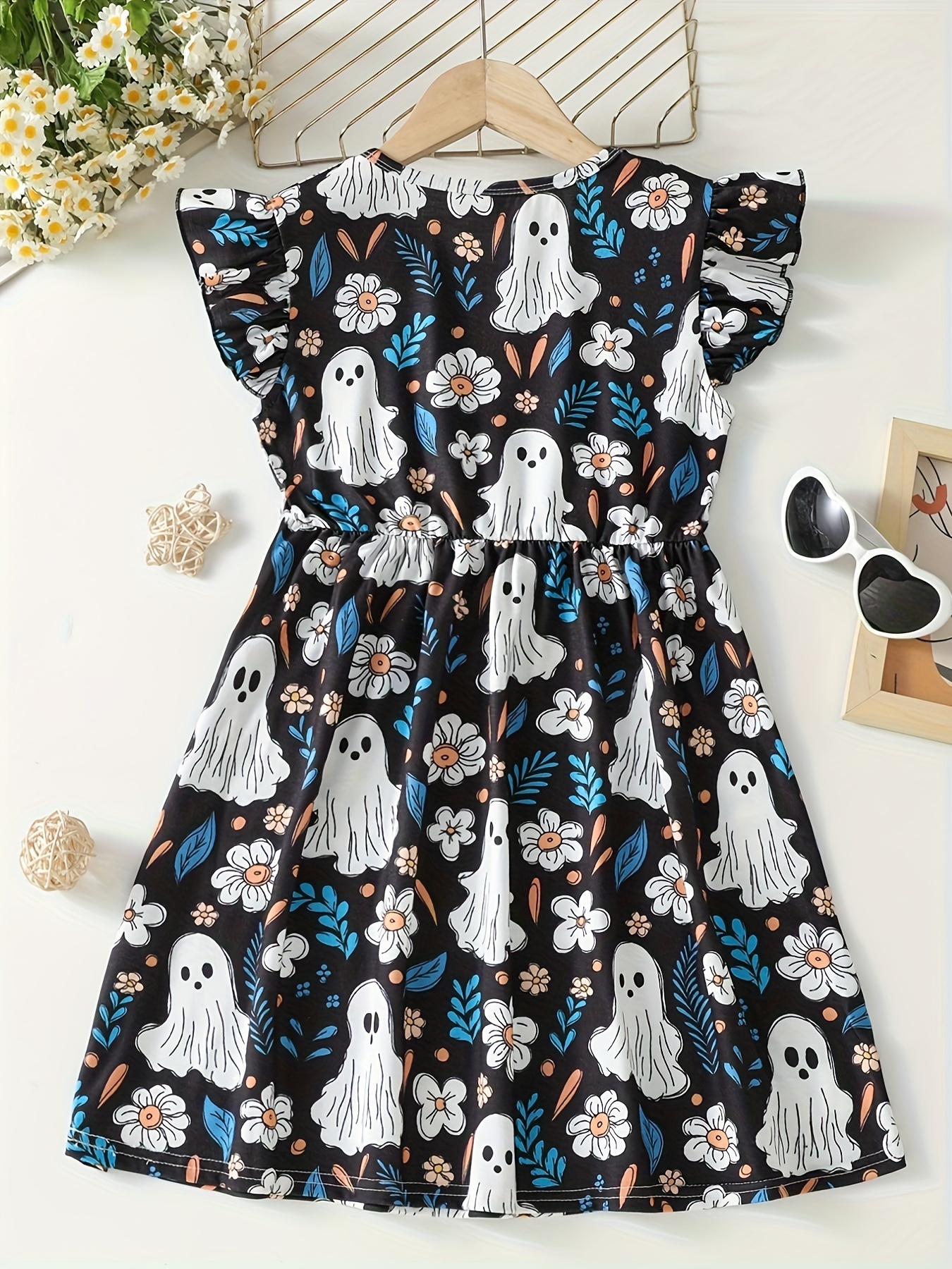 flare ghost print dress casual knee high frill - Temu Mexico