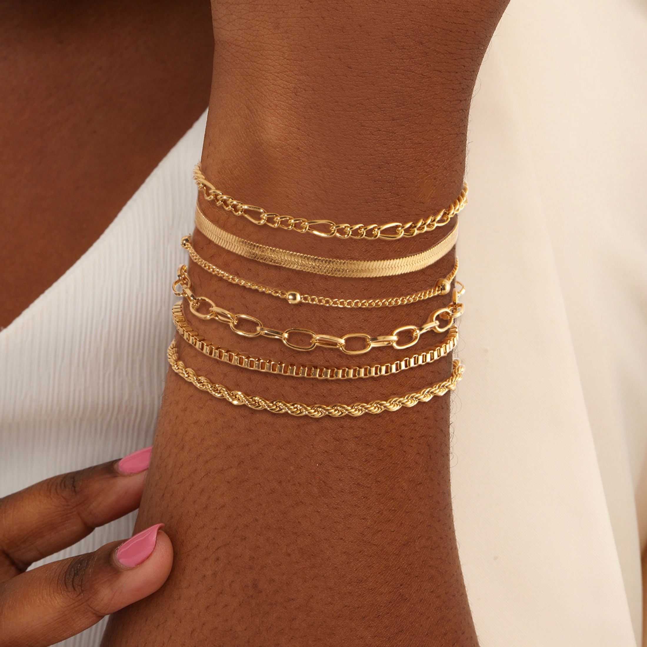 

6-piece Bracelets, Minimalist Hollow-link Stackable Women's Bracelets, Plated, Adjustable Wrist Jewelry, Perfect For Summer Beach