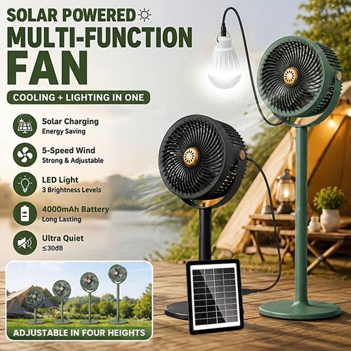 2026 fan portable multifunctional fan with solar panel led bulb 5 speed wind adjustment 360 angle adjustment 4 level height adjustment suitable for multiple home use office camping