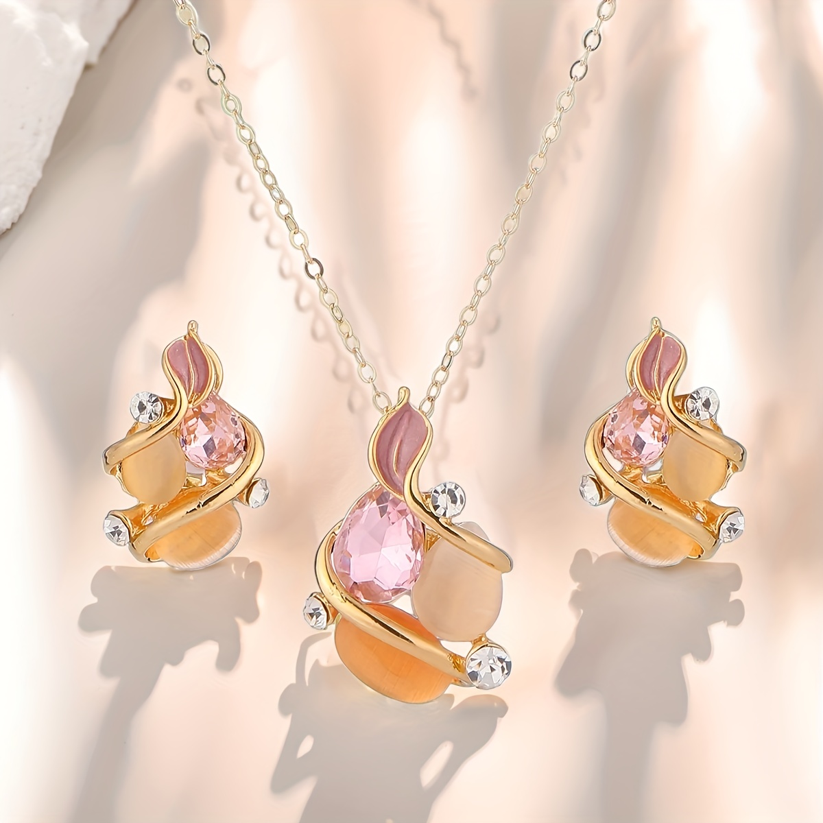 TEMU Conjunto de collar y aretes con colgante de cristal artificial con forma creativa de llama y flor para mujer, para regalos de vacaciones y ,