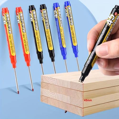6pcs 45mm long nib marking pen for deep holes quick drying waterproof oil based ink black blue red ink pen sleeve scale design crafts medium point multi surface use on wood plastic glass metal ceramic faux leather construction tools