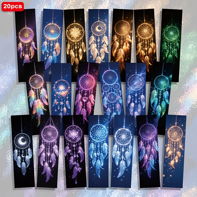 TEMU 20pcs Exquisite Colorful Dream Catchers, Crystal Feather , Star Pattern 1.5in X 5.9in 2d Printed Paper Bookmarks, Daily Reading Markers, Book