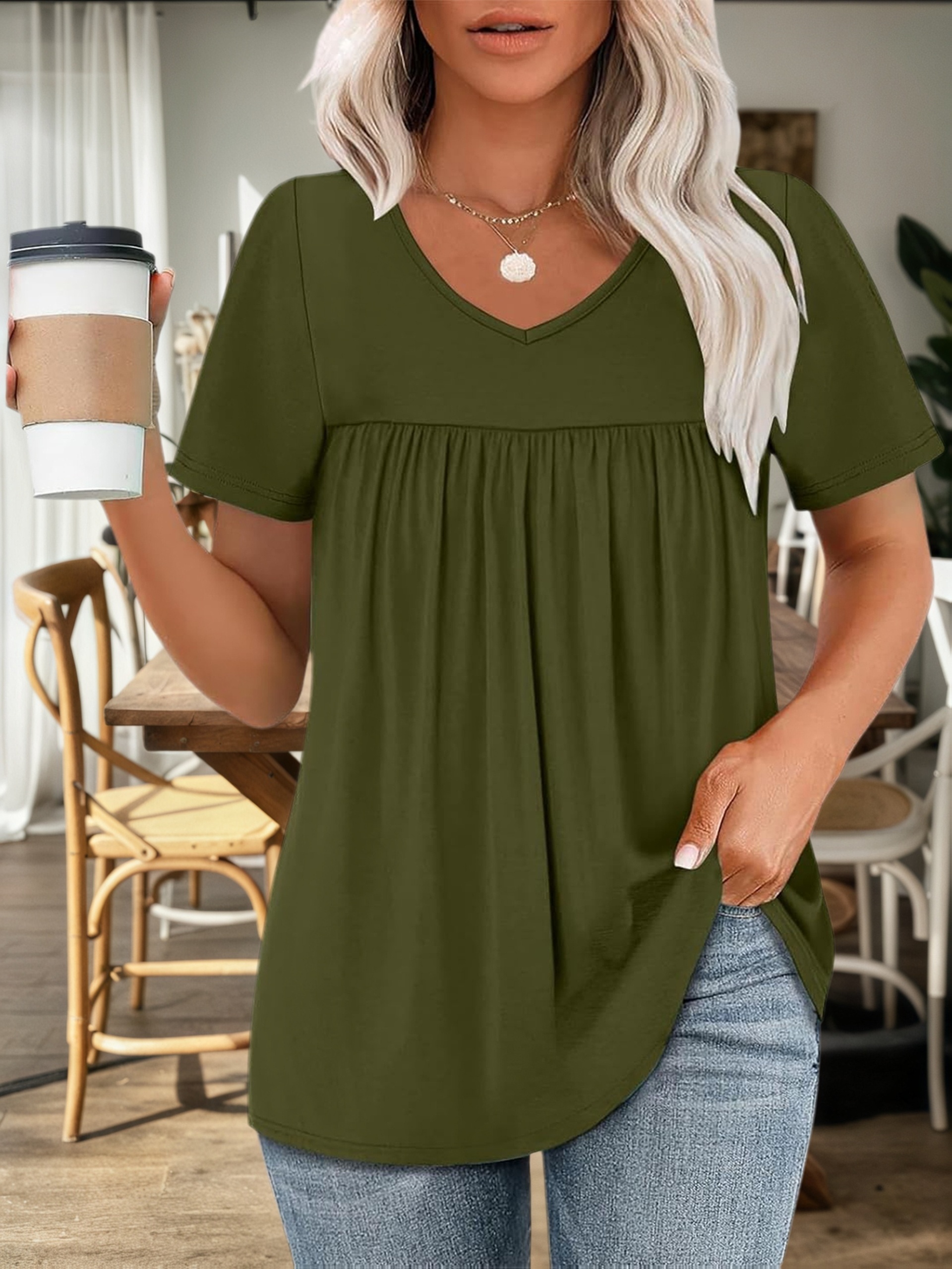 plus size plus size fashion v neck casual   short sleeve solid color t shirt