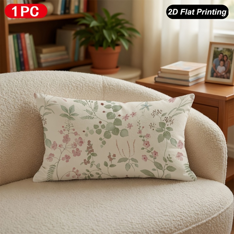 TEMU de cojín lumbar de 1 pieza con estampado 2D, floral rosa y verde, para decoración de interiores y exteriores, granja, dormitorio, , sofá,