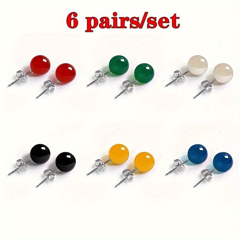 

6 Pairs/set Exquisite Spherical Transparent Imitation Jade Earrings - Stainless Steel Ear Needles, Fashionable Accessories For Various Occasions, Perfect Gift Idea With Emerald Red Agate-