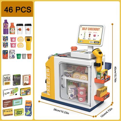 juego de registradora de juguete 46 piezas con escáner, dinero de juguete, calculadora, máquina de café y de juguete para niños