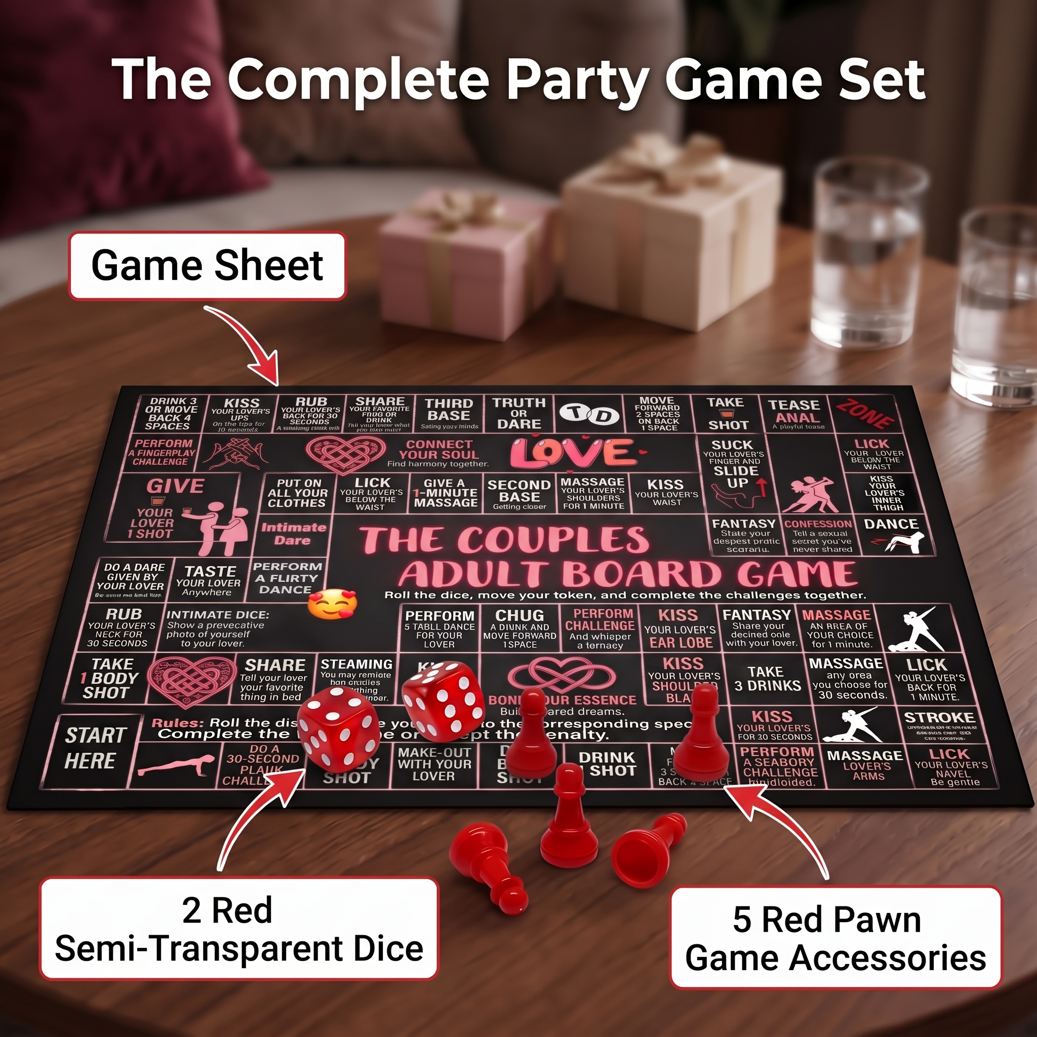 TEMU Christmas Holiday Board Game Set, Multiplayer Interactive Dice Game For Christmas, 2 Dice, 5pcs + Game Board, Path Movement + Task Challenges +