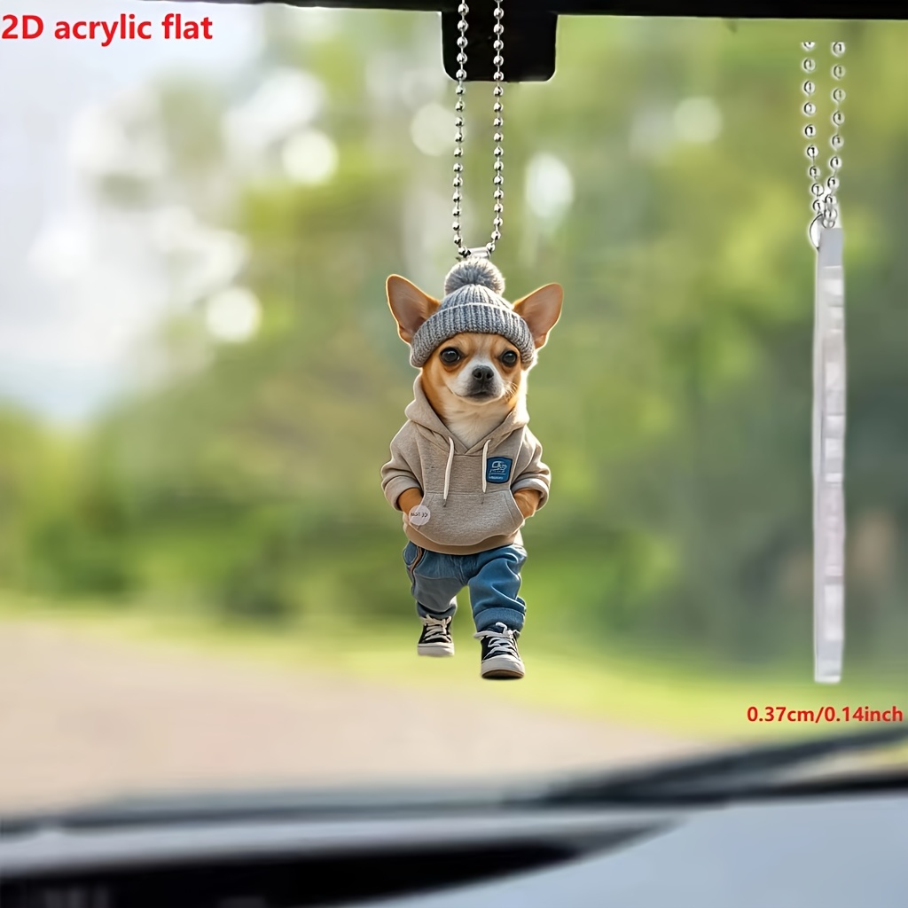 

Chic Chihuahua In Knit Hat Acrylic Car Ornament - 2d Pendant For Backpacks, Keychains & Home Decor, Dog Accessories