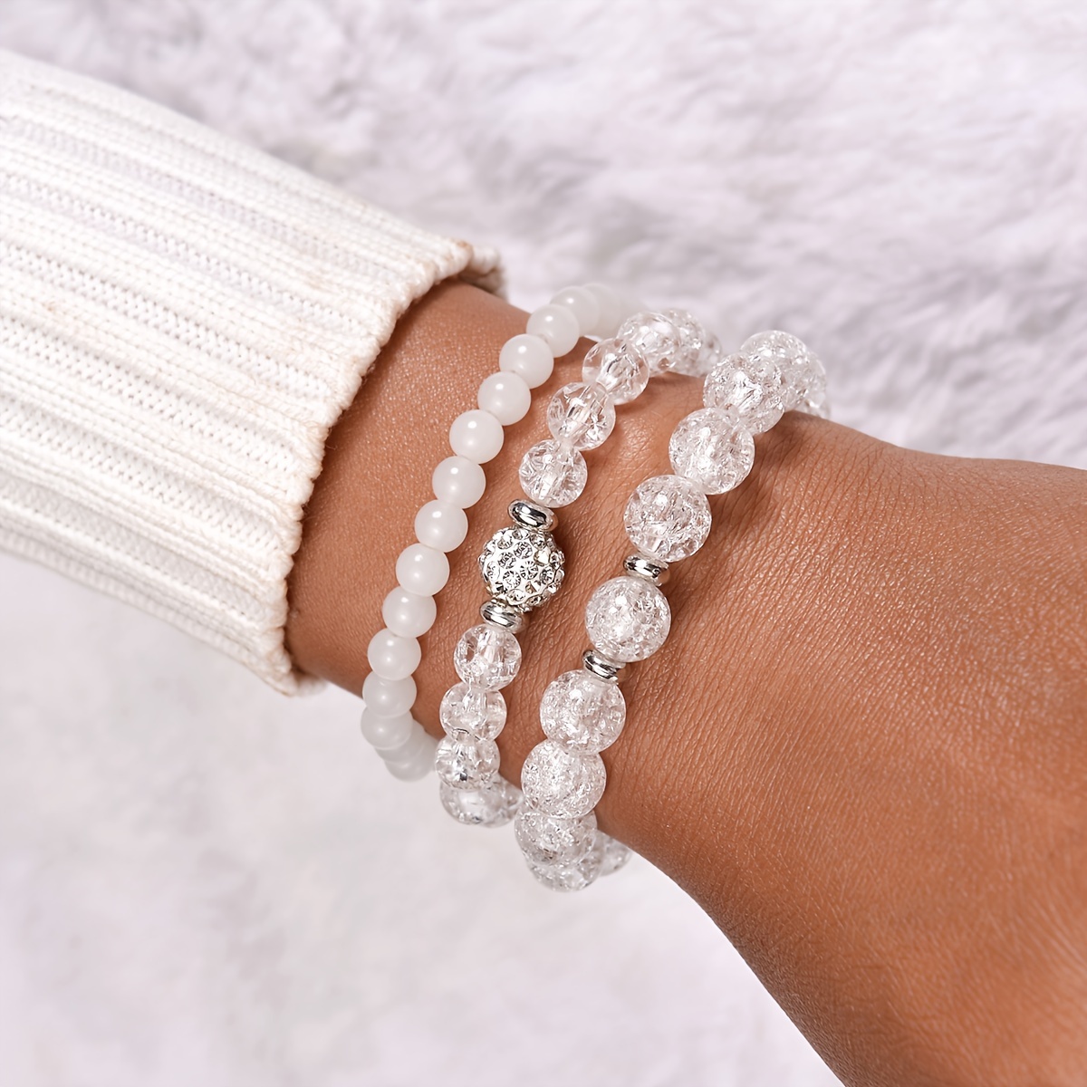 

3pcs Bracelet élégant en perles blanches, en perles de verre craquelées, de -couches , un et cadeau, polyvalent toutes les .