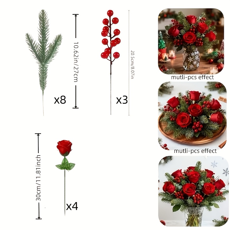 TEMU 15pcs Realistic Artificial Christmas Flower Bouquet With Red Roses, Pine Branches & Berries Suitable For Holiday Table Centerpiece, Winter Home