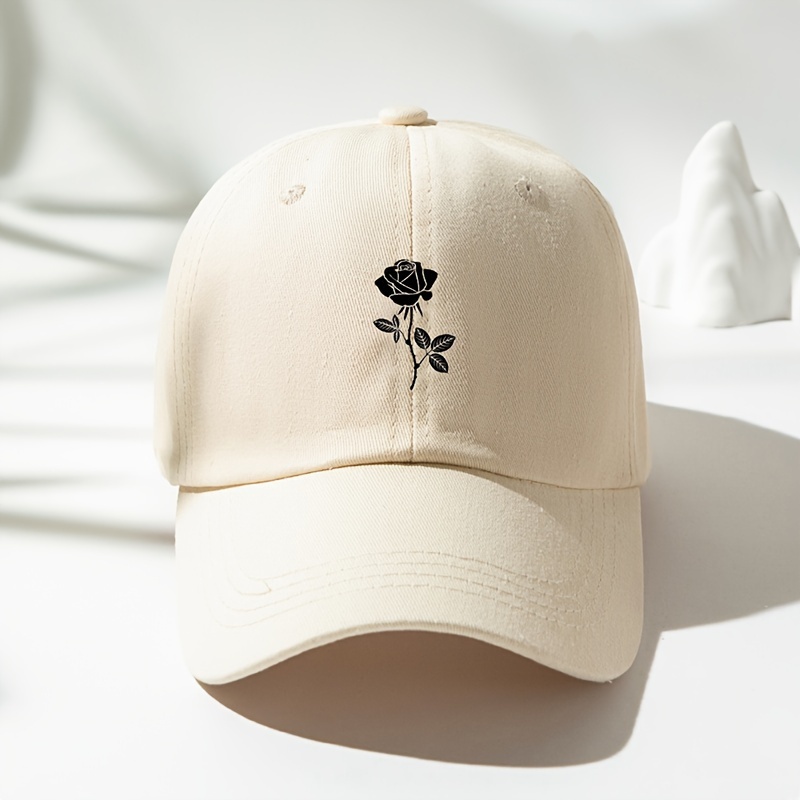 

Adjustable Baseball Cap With Printed Rose, Breathable Unisex Peaked Hat, All-season Outdoor Stylish Curved Brim Sport Cap