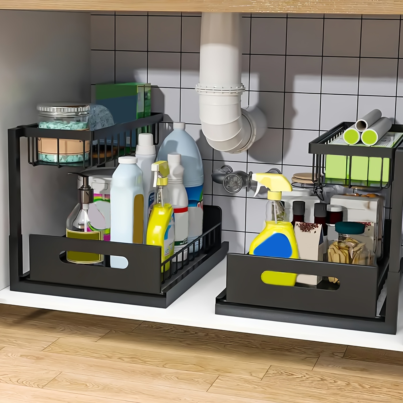 1 2pcs 2 tier under sink organizer and storage rack under sink storage pull out and bathroom storage rack pull out organizer with slide out shelves and metal sliding drawers for kitchen bathroom and closet organization space saving solution