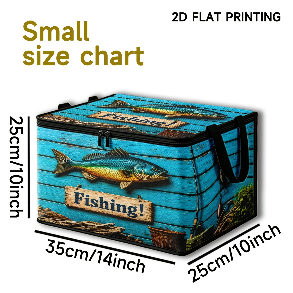 TEMU 1pc Vintage Fishing-themed Folding Storage Box, Large Capacity Fabric Storage Bin With Lid And Zipper, Grain Fish Print Organizer For Clothes,