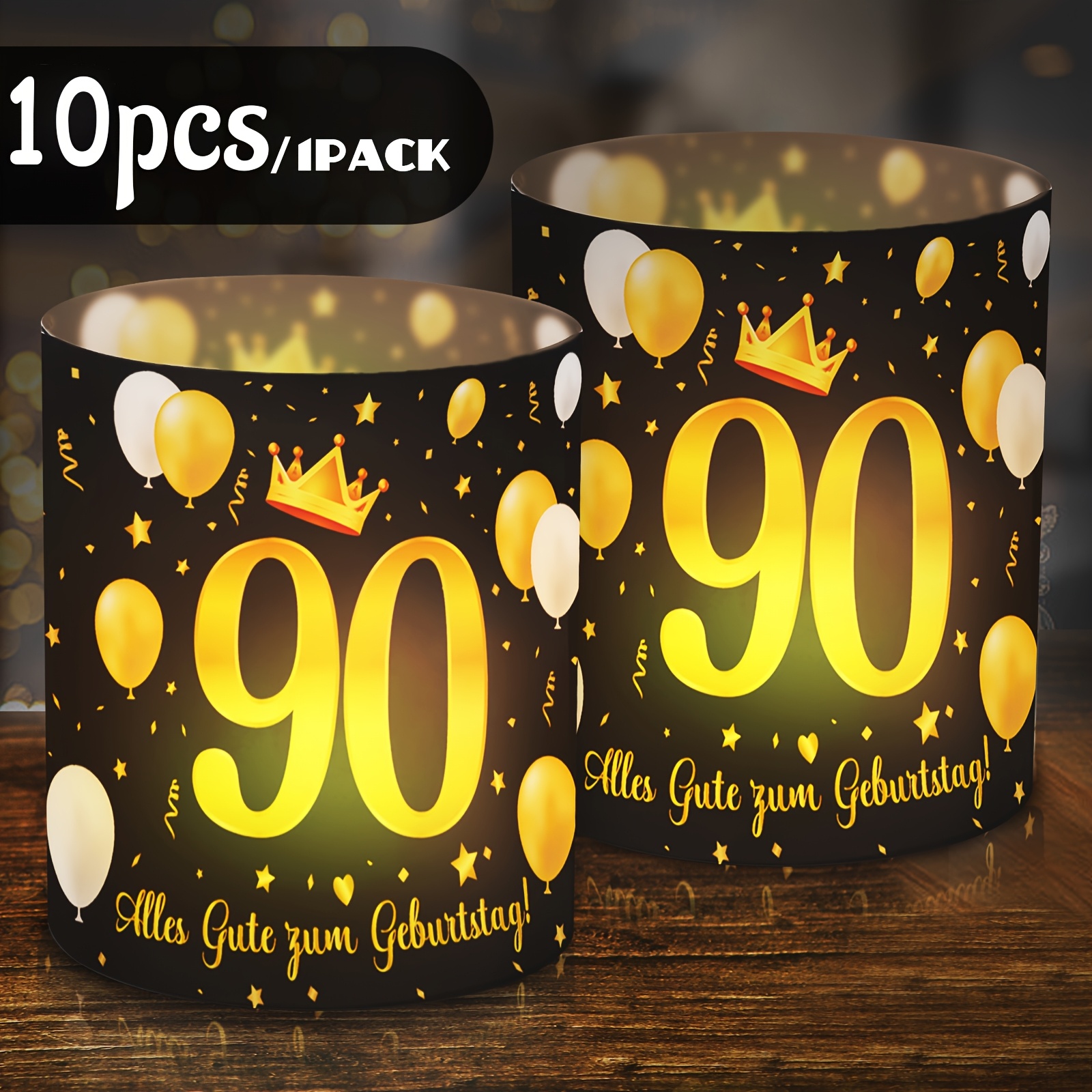 Image of 10pcs Black Element Table Decoration Lampshade Set 90th Birthday Party Essential | Is Printed With The Words "alles Gute Zum Geburttag!" Happy Birthday, Suitable For Tea Lamps Or Candle Holders