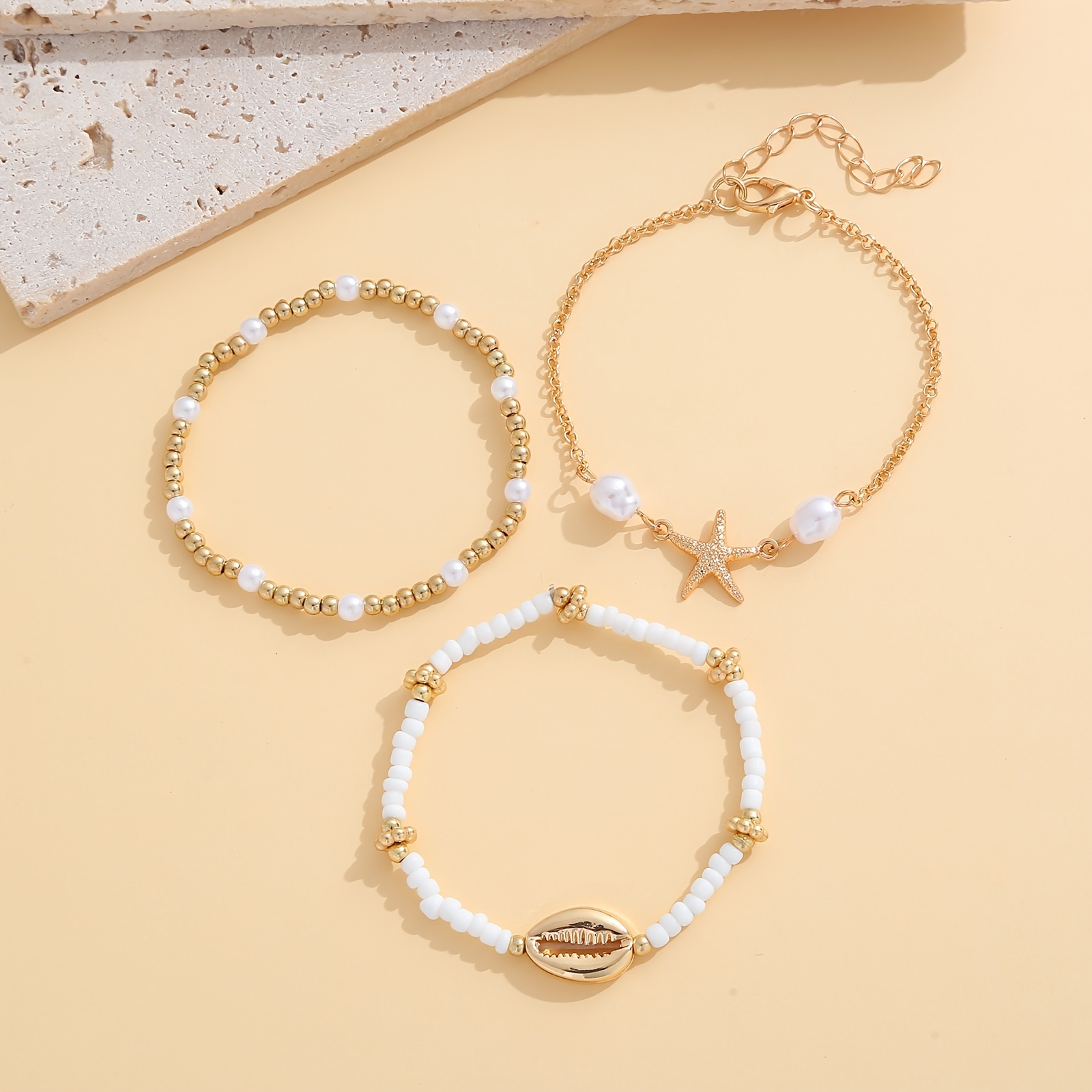 TEMU Conjunto para mujer de estilo bohemio, 3 piezas, con aleación, , concha y cuentas apiladas, de vidrio, ideal para vacaciones en