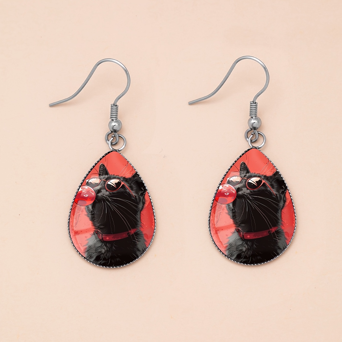 Cartoon Black Cat Blowing Bubbles Pattern Earrings