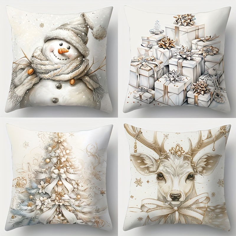 TEMU 4pcs, Christmas, Christmas Tree, Gift Box, Snowman, Deer Pattern Pillowcase, Waist, 17.72 X 17.72 Inches, Suitable For Room Decoration, Office