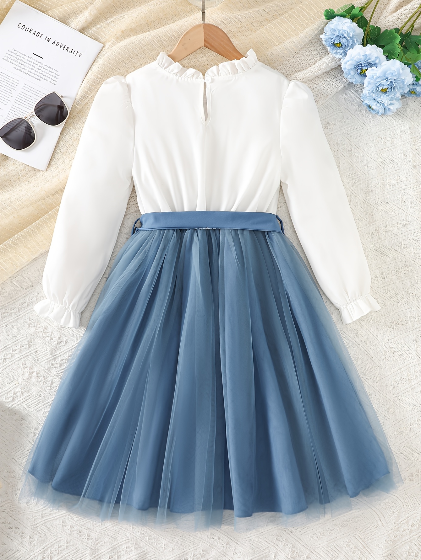 Girls' Blue White Tulle A-Line Dress with Bow Detail