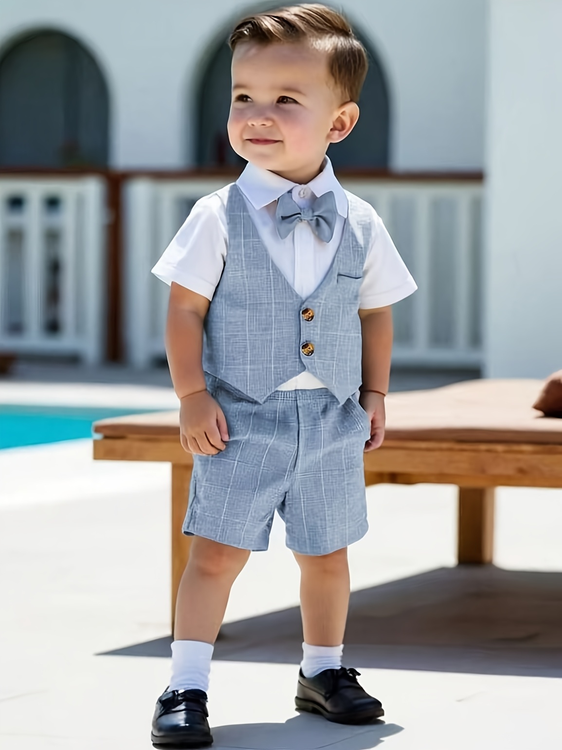 boys elegant suit bow tie shorts set light blue white Temu