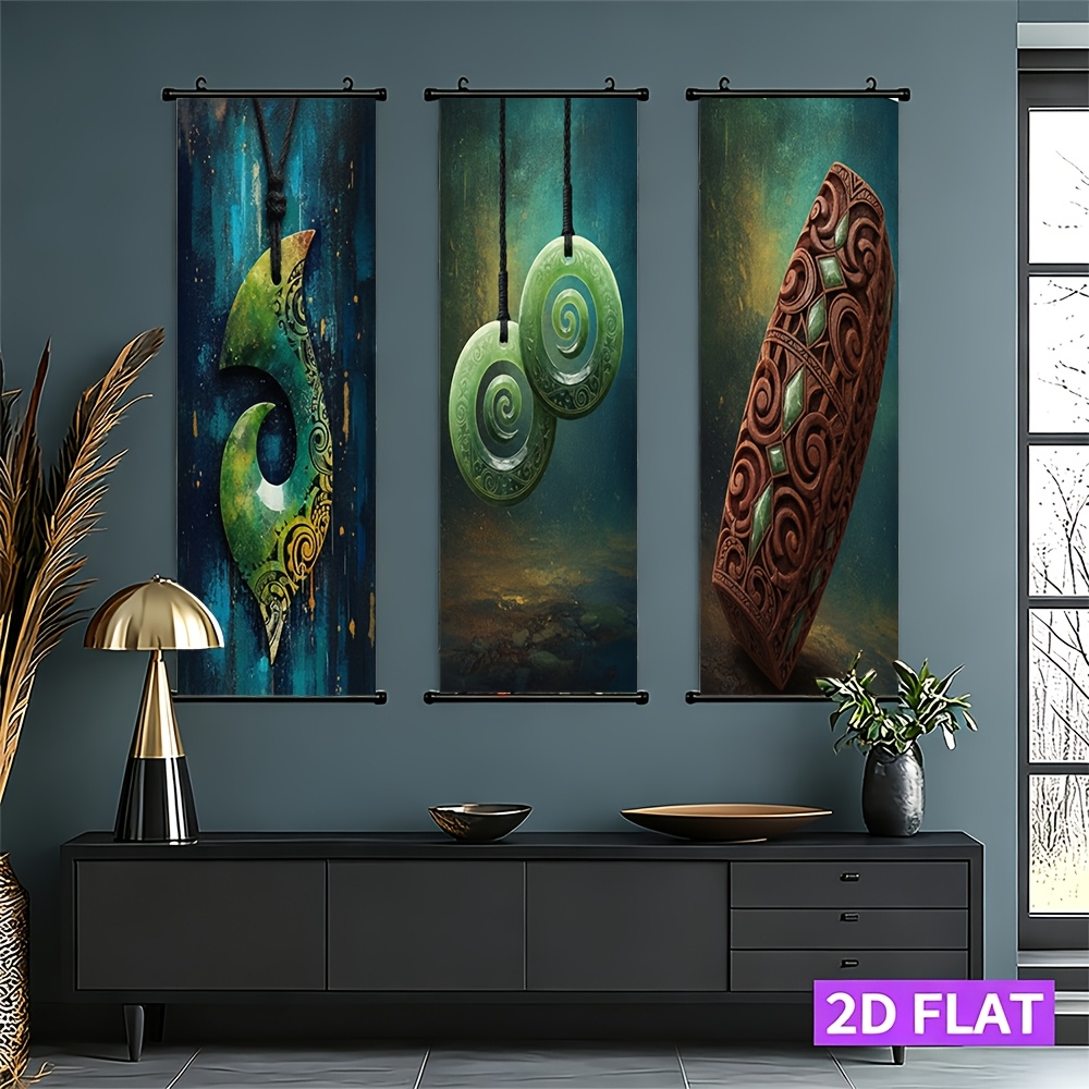 TEMU 2d Flat, 3pcs Polynesian Maori Wall - New Zealand Tribal Totem Scroll Posters With Wood Carving & Jade Textured Panels Suitable For Living Room,