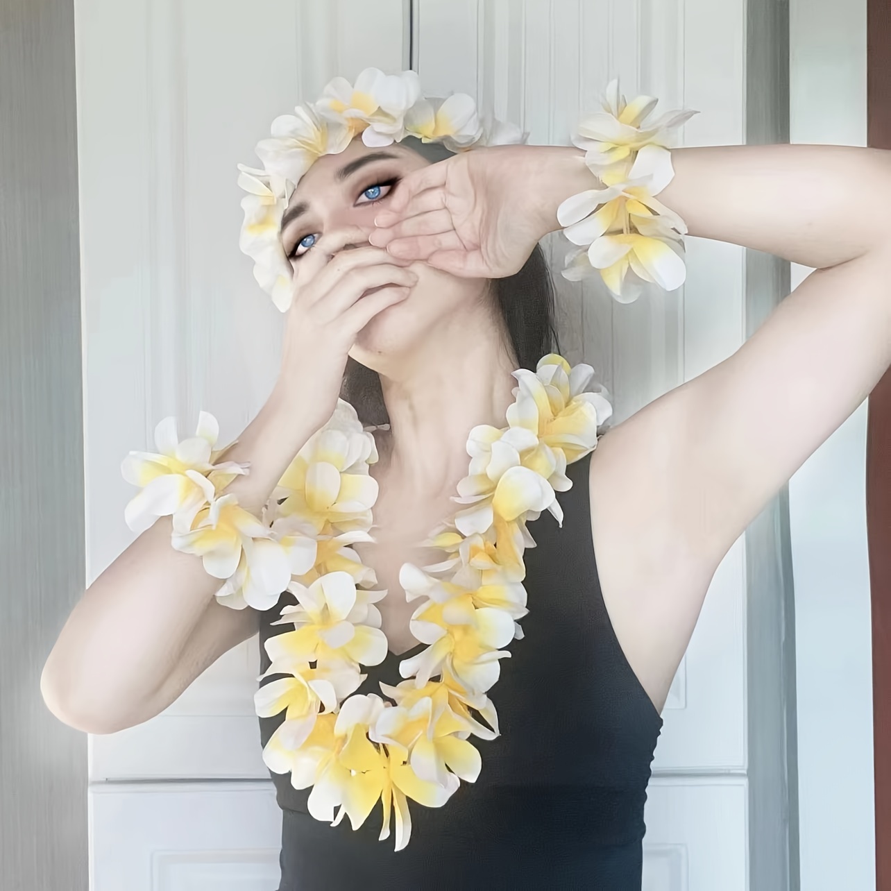 

Hawaiian Luau Flower Garland Set – Handcrafted Plumeria Lei Necklace, Headband, Wristbands For Graduation, Juneteenth, Summer Performances & Beach Party Decorations – Polyester, Yellow & Green Blooms