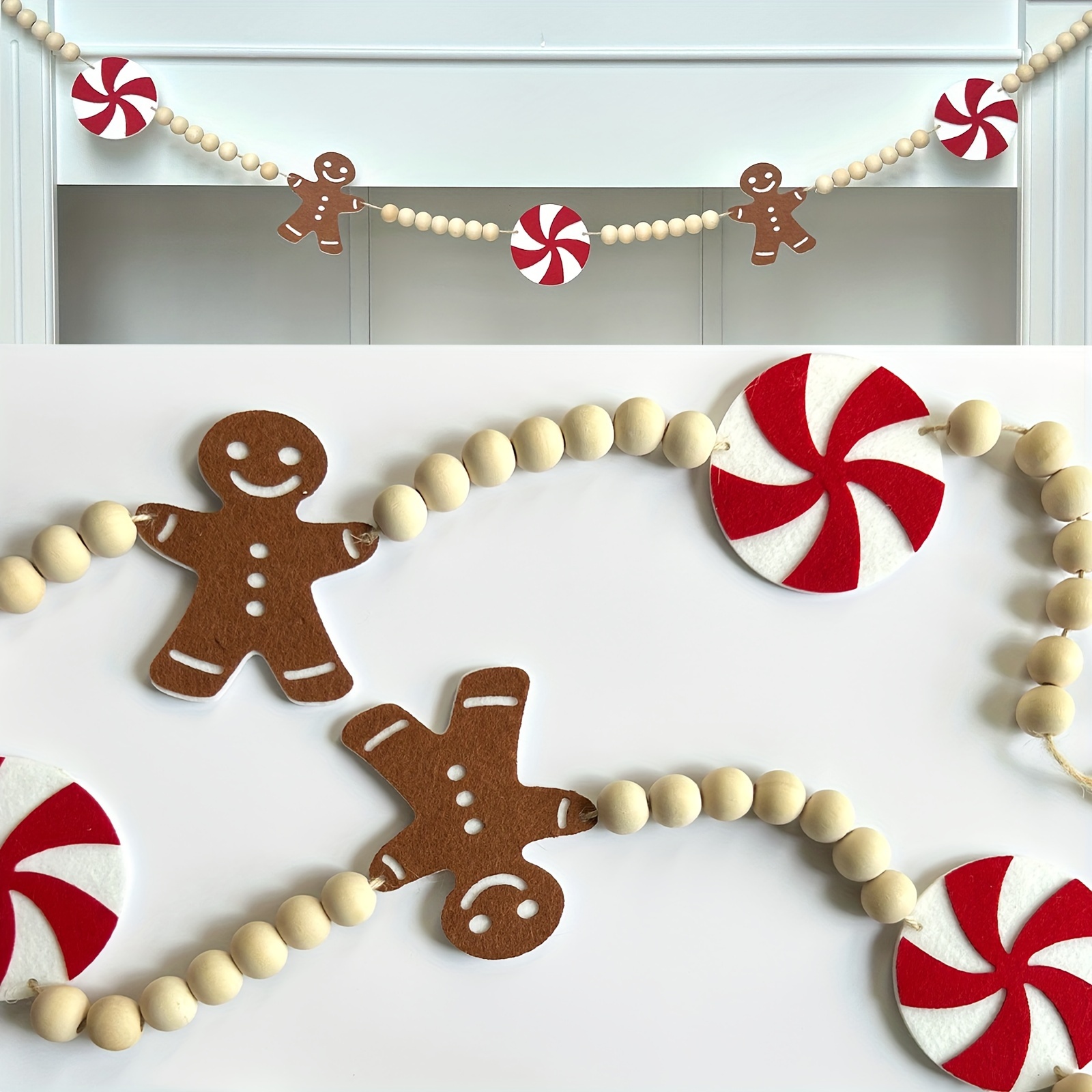 

1pc Wooden Christmas Garland With Felt Gingerbread Men & Red Hanging Decoration – Handcrafted Farmhouse Banner For Wall Decor