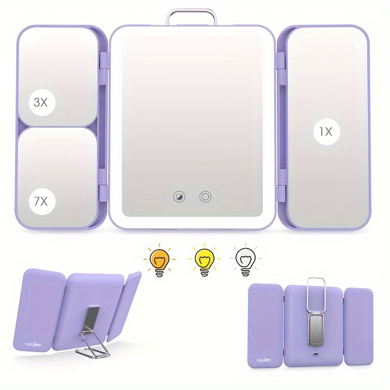 

Makeup Mirror With 3 Color Lights, Tri-fold Vanity Mirror With 3x 7x Magnifying Mirror, Portable Travel Mirror, Gift For Women, Desktop/wall Mount, Touch Sensor Rechargeable Smart Dimming