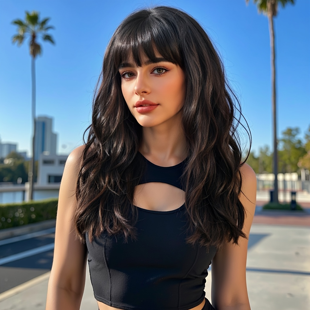 

A Dark Brown Long Curly Synthetic Wig With Bangs For Women, Featuring A Matte , High-temperature Fibers, And A Breathable Cap.