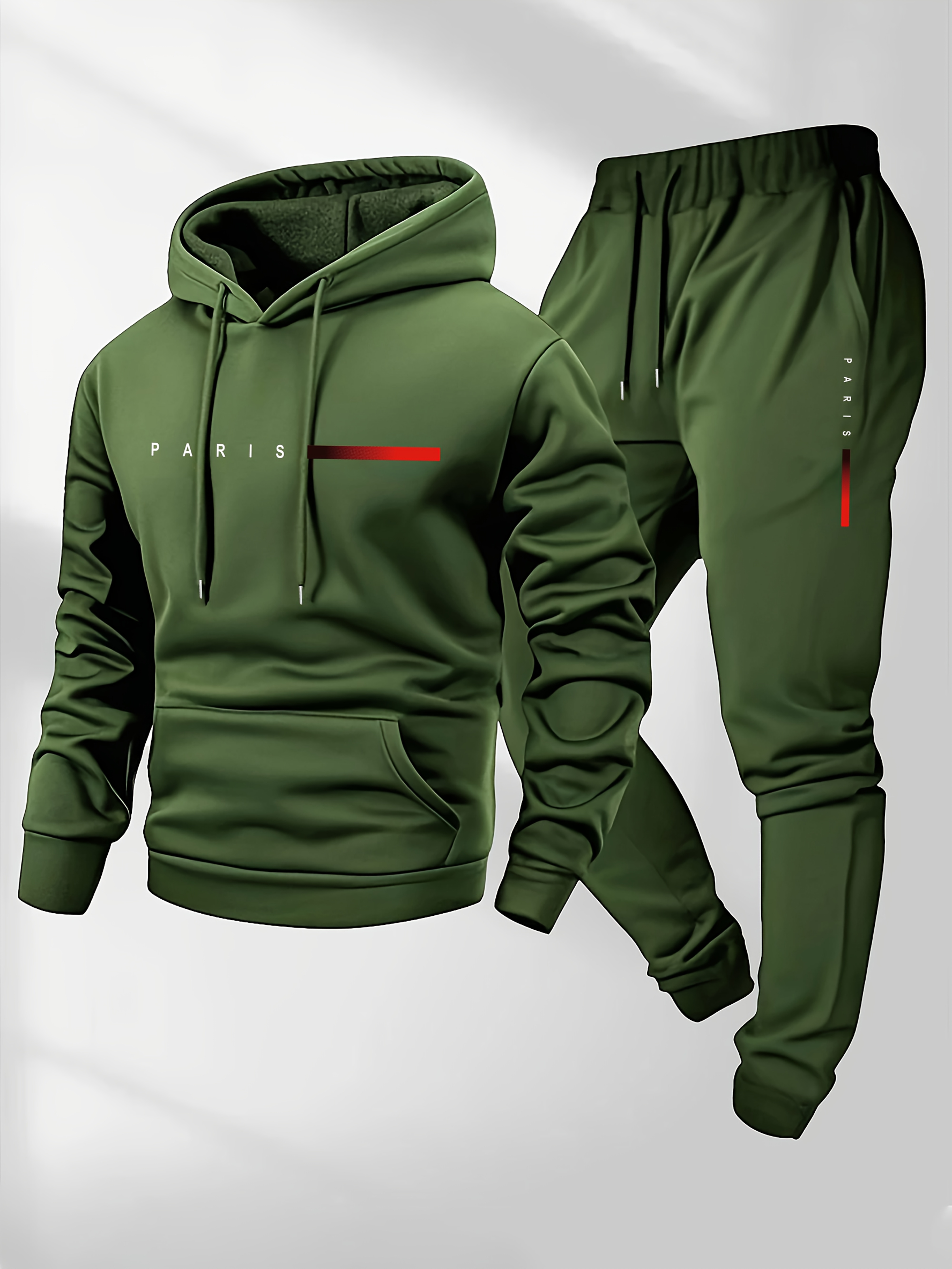 Men'S Casual Paris Letter Hoodie & Joggers Set - Gray Drawstring Pullover with Red Accents, Loose Fit, Long Sleeve, Fall/Winter Collection, Comfortable Clothing|Casual Style|Stretch Fabric