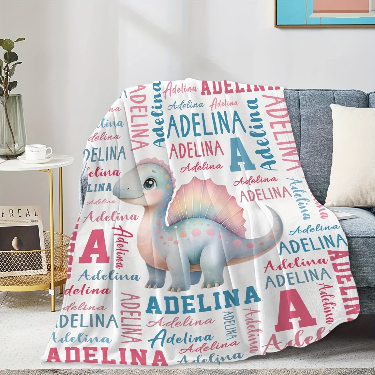 

Customizable Flannel Throw Blanket With Cute Dinosaur Print - Personalized Text, Gifts | For Outdoor, Beach, Camping, Car, Sofa, Pet & Office Use | , Hypoallergenic