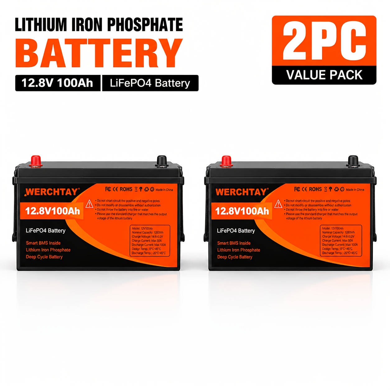 TEMU Paquete de 1/2/4 Baterías de de Hierro y Litio, Batería LiFePO4 de 12.8V con BMS Inteligente, Profundo de 25,000+, 1280Wh, Protección Integrada