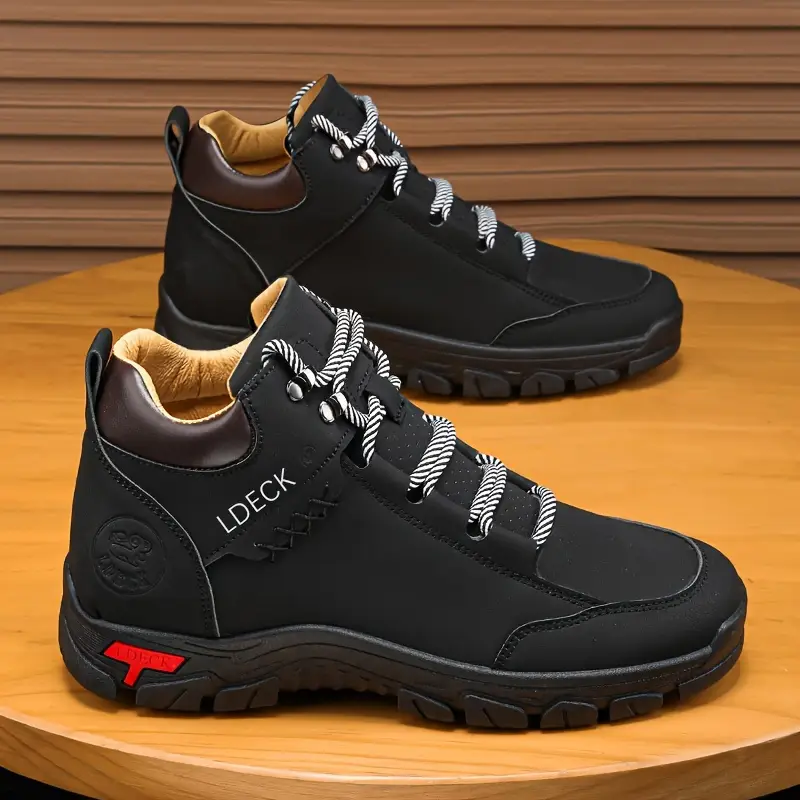 1pair vintage style mens high top casual sneakers solid color lace up upper fabric inner pvc sole round toe for hiking daily wear Product details 8