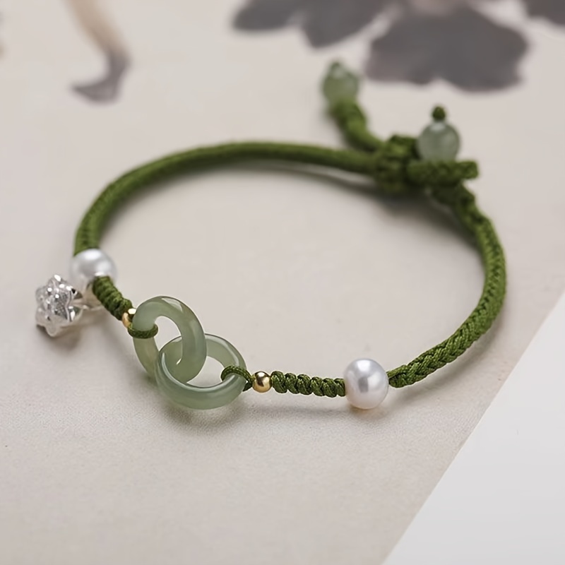

1pc Adjustable Green Braided Bracelet With Lotus & Peace Buckle Accents, Traditional Chinese Style, Ideal Gift For Best Friend Or Girls