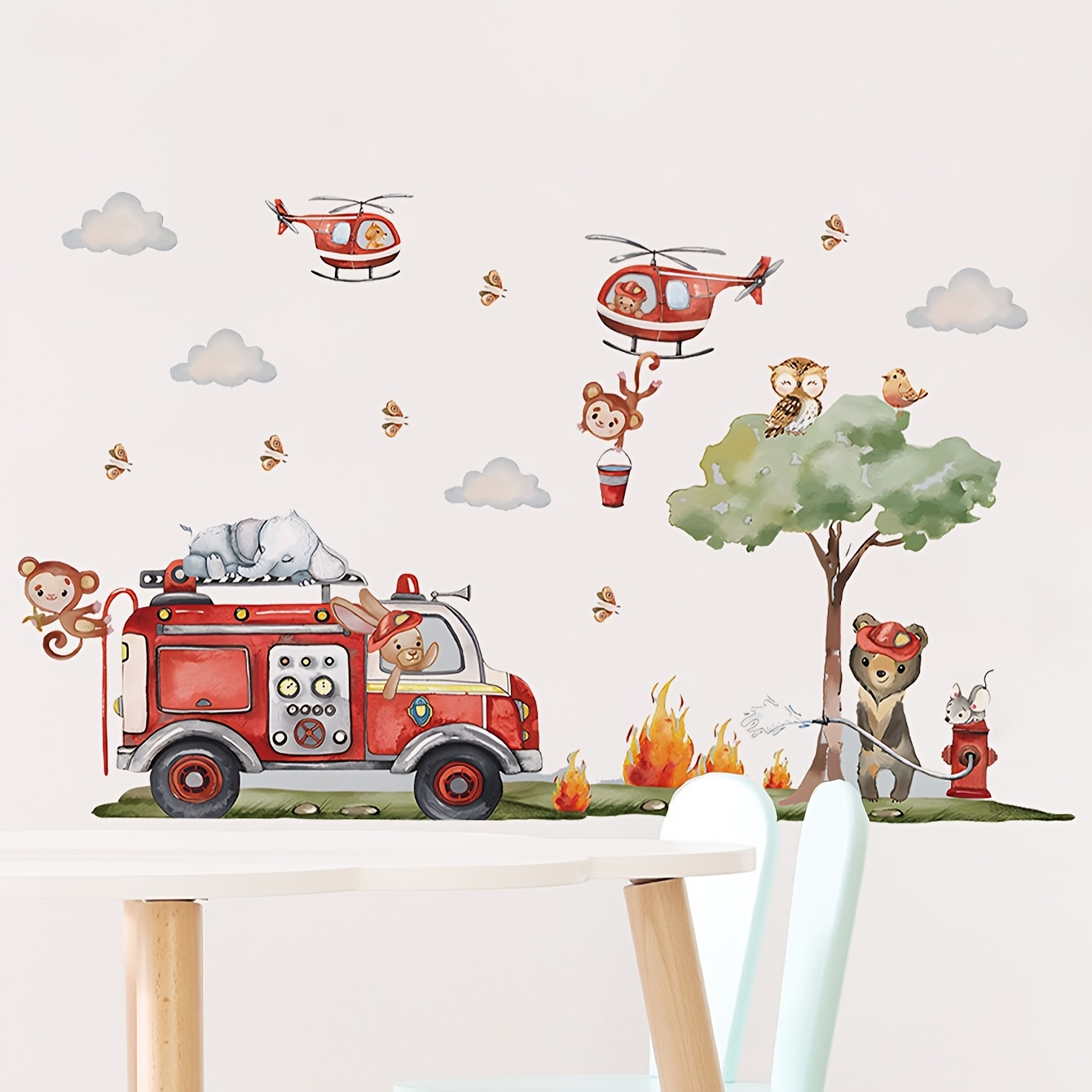 Animal Firefighter Fire Extinguishing Friendship And Aid Wall Sticker, Suitable For Hotel, , Office, Bedroom, And Living Room Wall Decoration