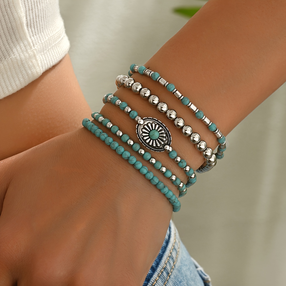TEMU Ensemble de 5 bracelets de perles florales de style cowboy western vintage turquoise tendance, adaptés à un usage pour femmes ou hommes