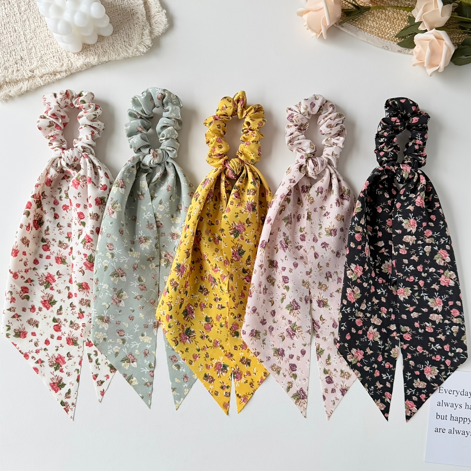 TEMU 5pcs Women's Sweet And Elegant Bohemian Style Floral Print Fabric Ribbon Long Tassel Scrunchie Set, Pastoral Style Hair Accessories And Hair
