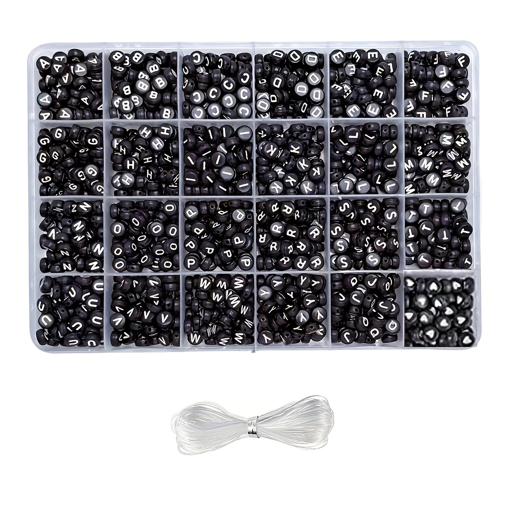 TEMU Decorative Beads: -compartment Box Containing 1200 4x7mm Acrylic Letter Beads + A Roll Of Elastic Cord - Black And White Round Acrylic A To Z