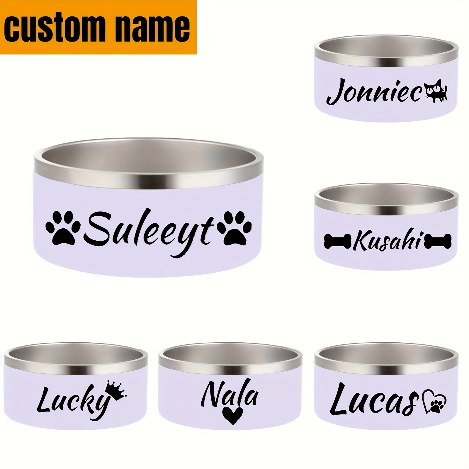 

Personalized Bowls With Name Stainless Steel Pet Bowl For Small Medium Large Dogs Food And Water Custom Names Feeding Bowl 16oz-64oz White