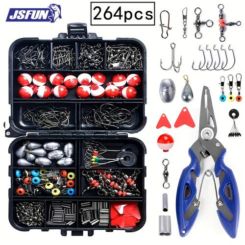 264pcs outdoor fishing tackle box set including pliers fish hooks sinkers swivels snap swivels and sinker slider kit