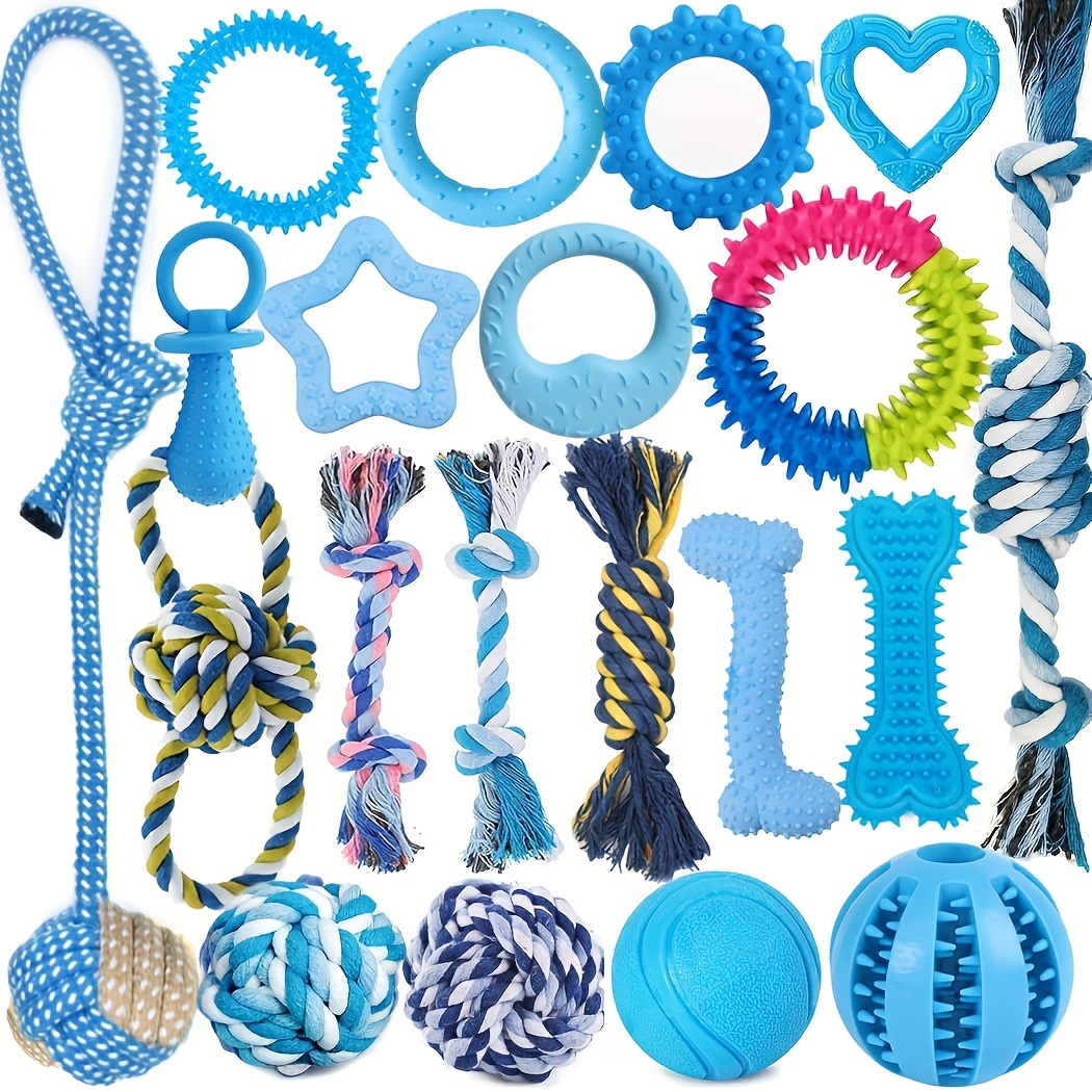 a pack of   or 15 assorted styles and colors of dog chew toys suitable for teething entertainment and interaction this puppy chew toy set   knots rope balls and spiky rings making it a great gift for small dogs 0